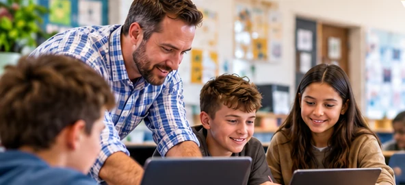 Illustrative classroom scene of a teacher helping students work at their devices