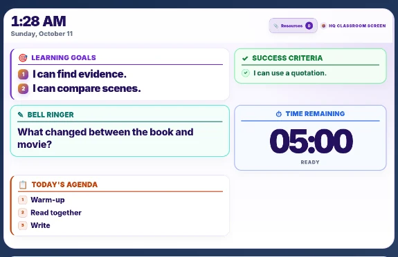 Actual HQ Classroom Screen with learning goals, warm-up, success criteria, agenda, and countdown timer