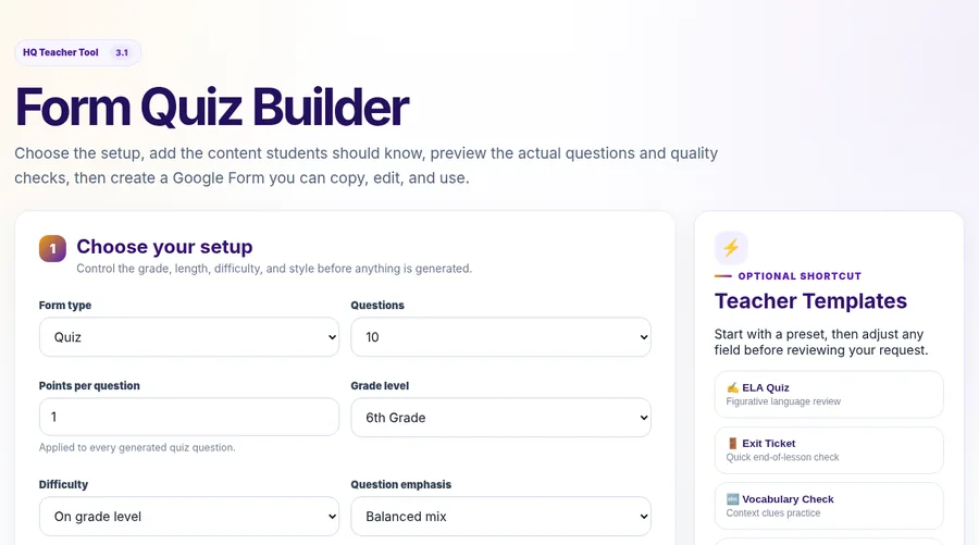 Actual HQ Form Quiz Builder interface