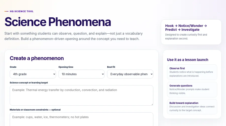 Actual HQ Science Tools interface