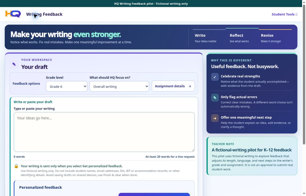 Current Writing Feedback pilot with an empty draft and fictional-writing restriction